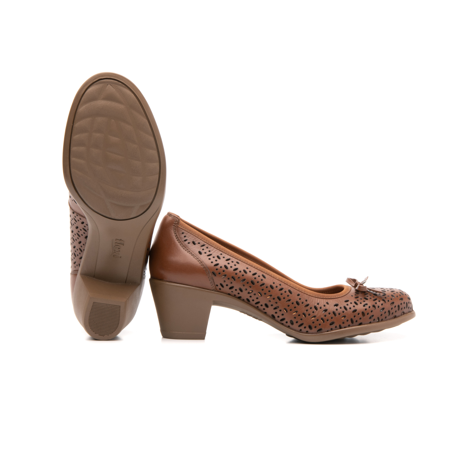 Zapato De Tacón Para Oficina Flexi 15421 Con Perforado Láser Y Moño Para Mujer - Estilo 15421 Tan
