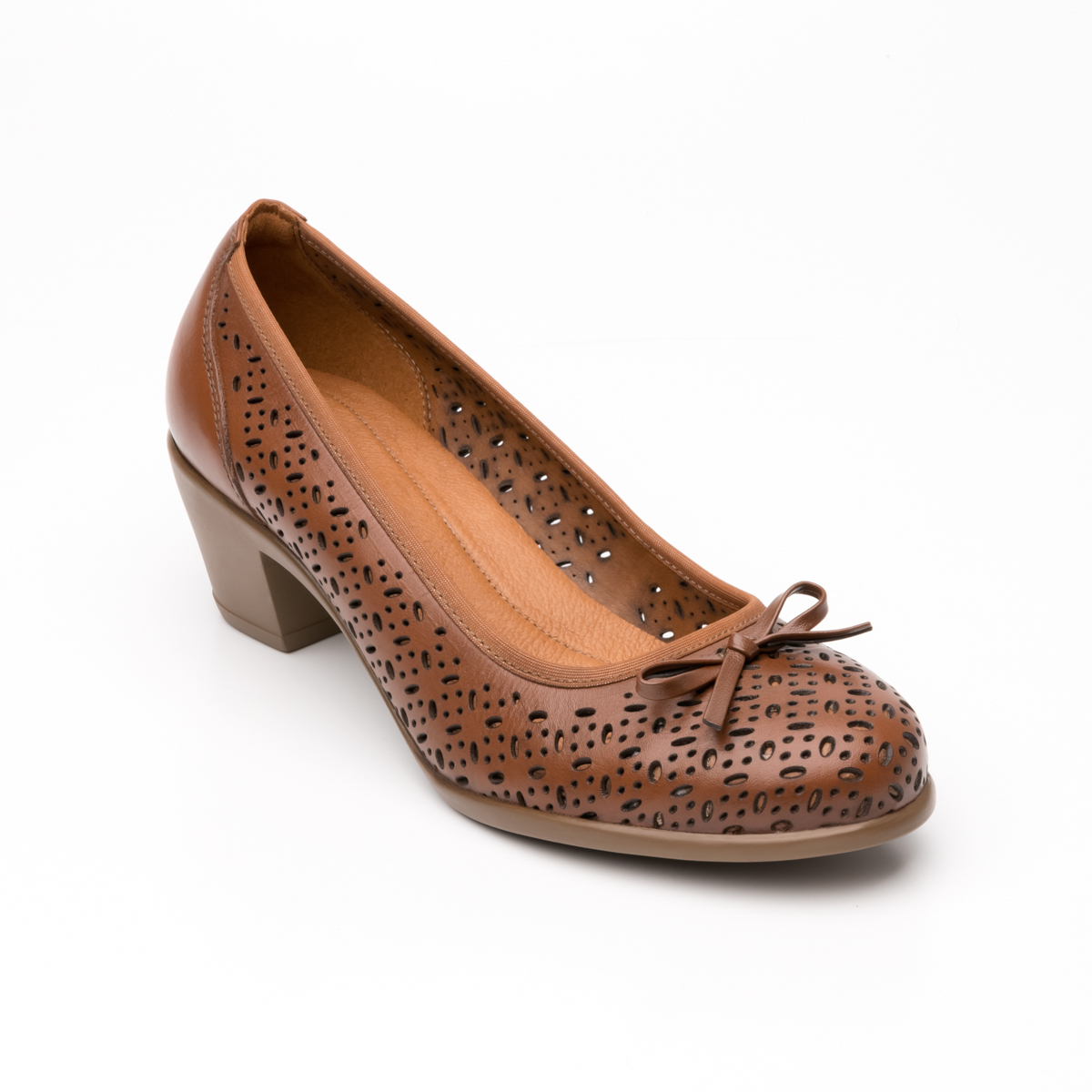 Zapato De Tacón Para Oficina Flexi 15421 Con Perforado Láser Y Moño Para Mujer - Estilo 15421 Tan